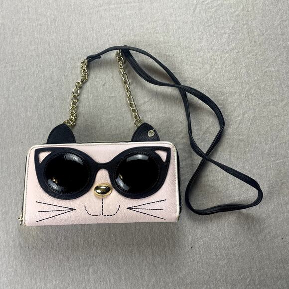 Betsey Johnson Cool Cat Purse Wallet Clutch Pink & Black Card Holder Quilted - Picture 1 of 12